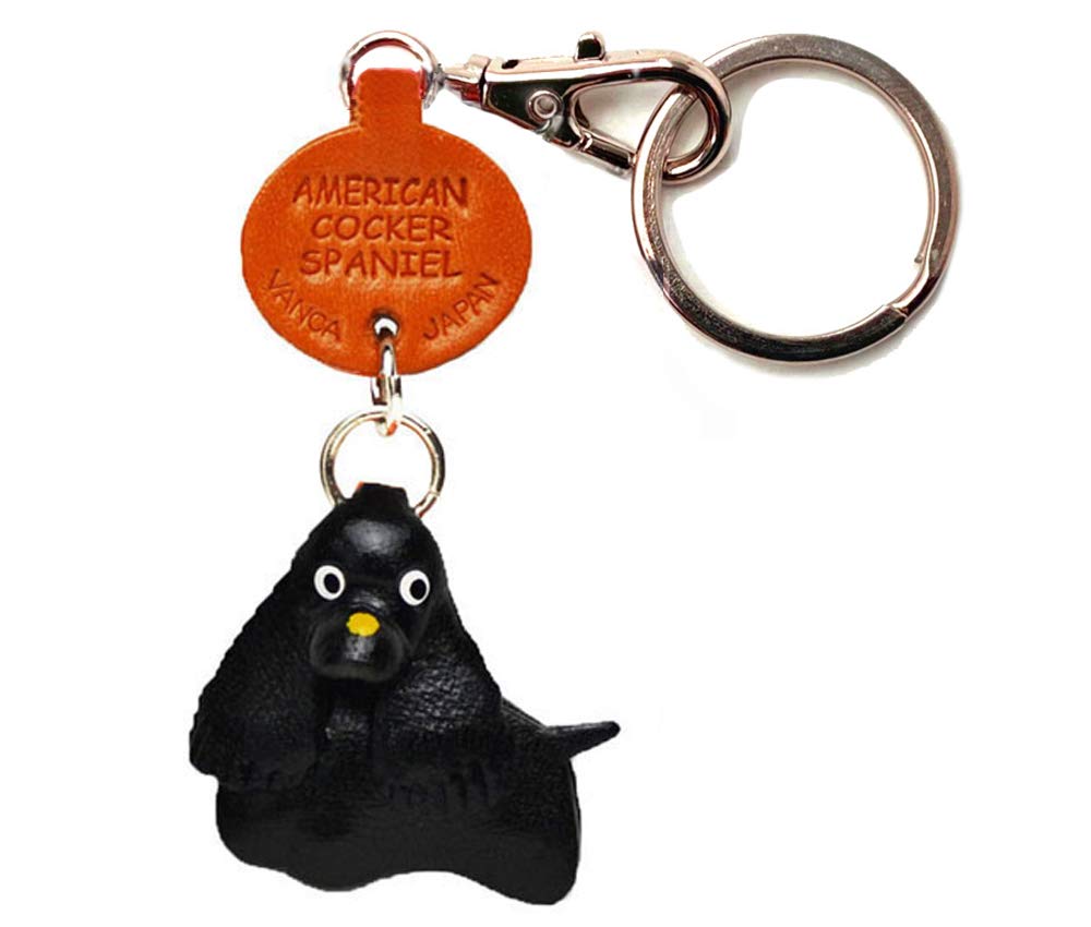 

American Cocker Spaniel Black Genuine Leather Dog Banka Craft Leather Story in Keychain, (Handmade Japan)