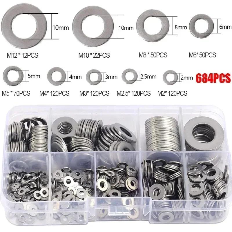 684/180pcs Stainless Steel Washer M2-M12 Metal O Rings Flat Gaskets Screws Bolts Fasteners Assortment Kits Flat Washers Hardware