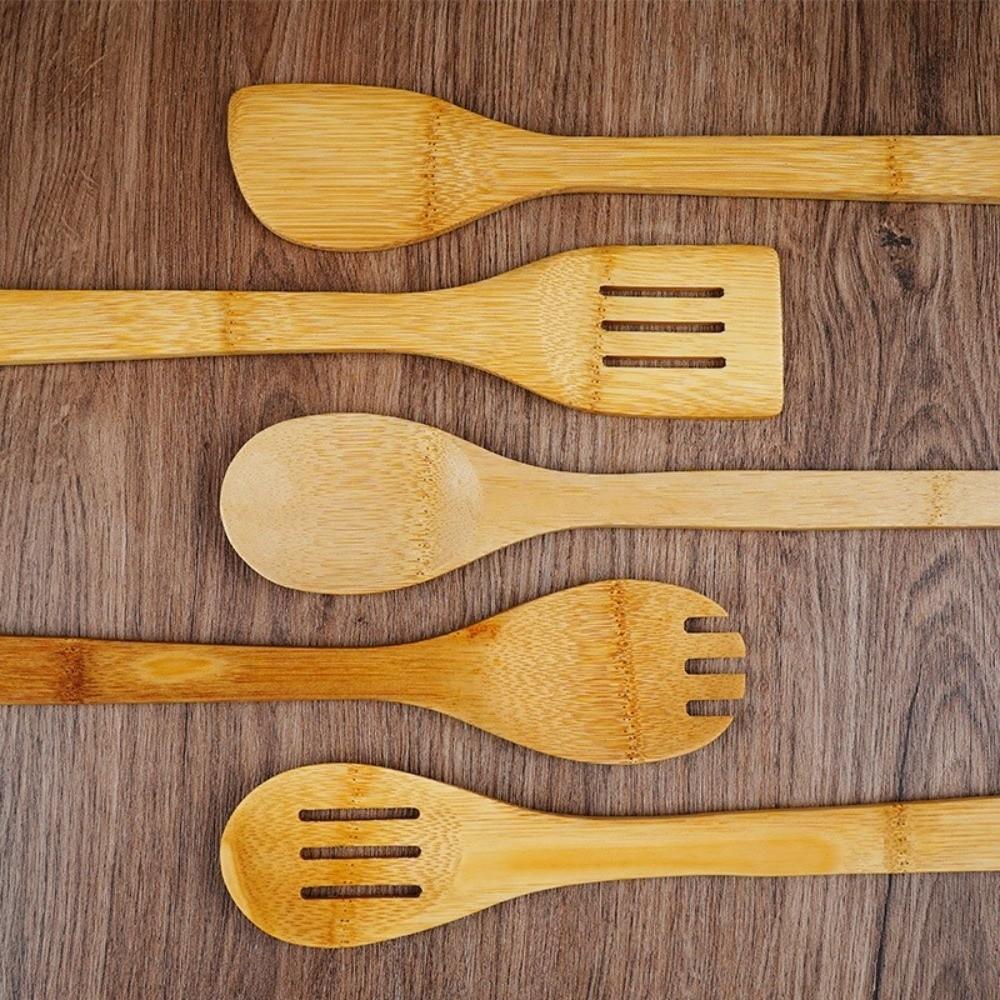 8pcs Natural Bamboo Spatula Spoon Long Handle Slotted Turner Non Stick Pan Spatula  Household