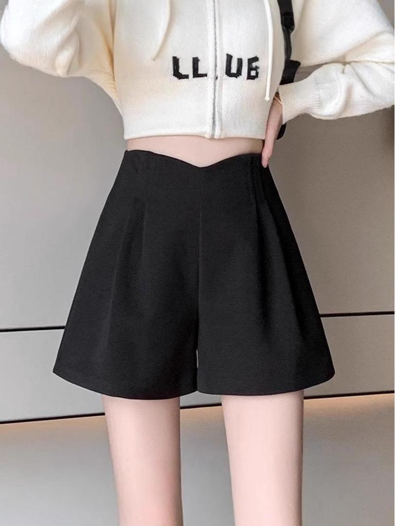 Women's High Waist Woolen Wide-Leg Shorts, Autumn/Winter 2024 Collection - Versatile Casual Wear, Available In Small To Plus Sizes.