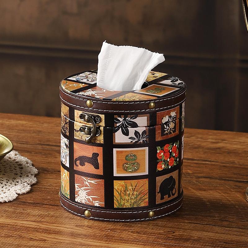 Chinese Style Guofeng Tissue Box Circular Leather Drawer Box Light Luxury Style Napkin Box Suitable for Home Living Room Bedroom