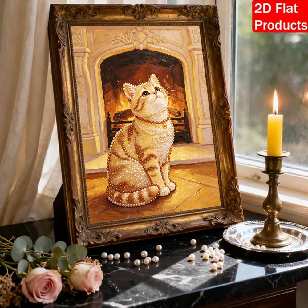 5D Pearl Kit Pearl Cat Cozy Fireplace Design DIY Enamel Art for Living Room Bedroom Wall Decoration Handmade Gift