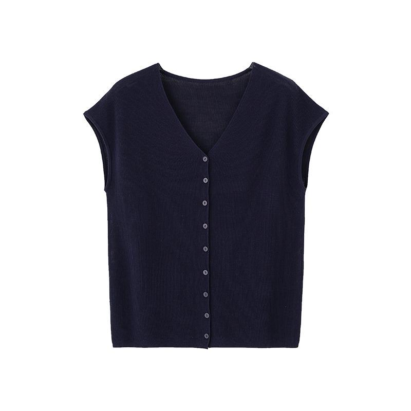 Summer Light Oxygen Series Tencel Acetic Acid Sleeveless Neck Knitted Cardigan Women's Skin-friendly and Breathable Short Sleeve Thin Inside