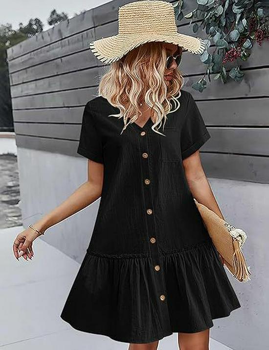 Women's Summer 2025 Casual Ruffle Hem Pocket Dress with Short Sleeves