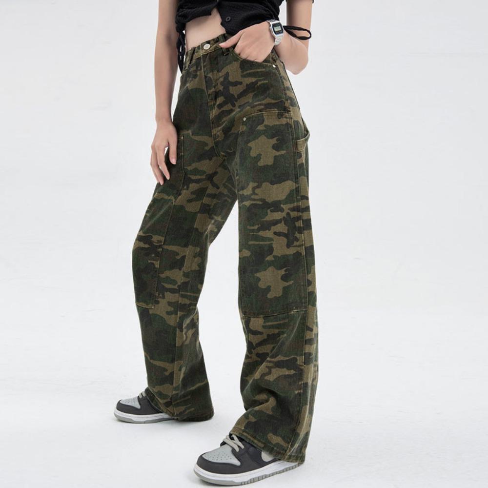 Camouflage Straight Jeans Women's Summer Retro Hiphop Sweet and Spicy Street Tooling Wide-leg Mopping Trousers Tide