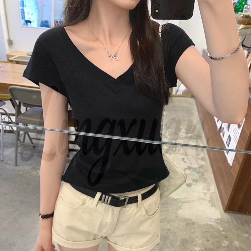 French Slim V-Neck Short-Sleeve White T-Shirt for Women - Summer 2026 New Arrival