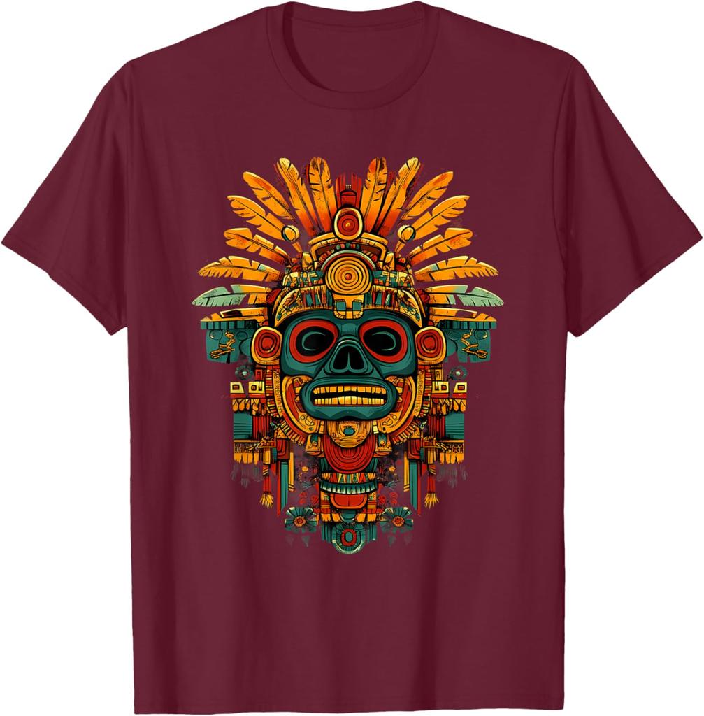 Aztekischer Maya Gott Schädel Kopfschmuck Grafik T-Shirt Herren Atmungsaktiv Kurzarm T-Shirt Lässiger Ausflug