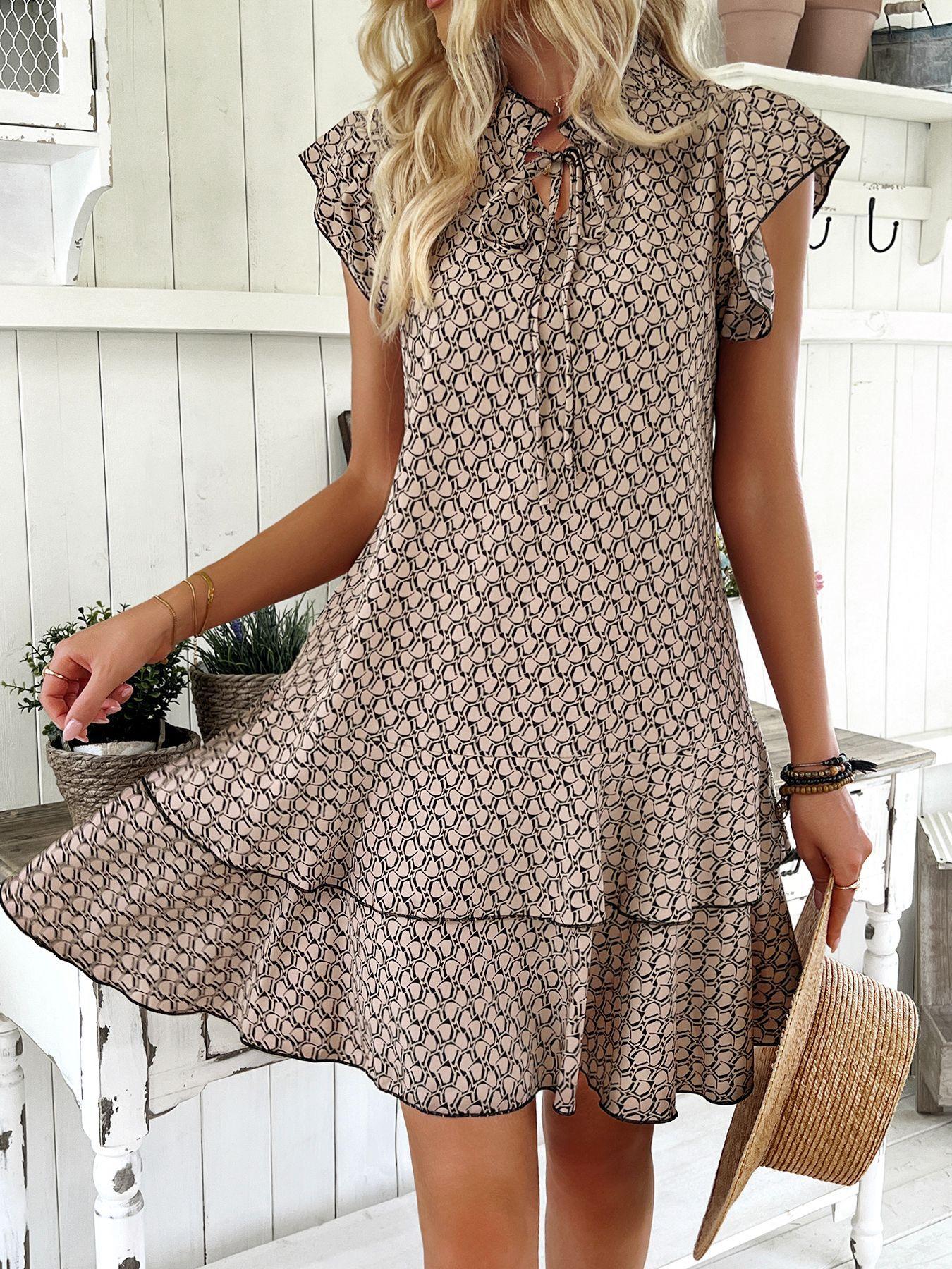 Летнее женское сексуальное плиссированное пляжное платье-сарафан с графическим принтом, платье с оборками на рукавах, милое платье в стиле бохо, мини-платье, элегантные платья А-силуэта S