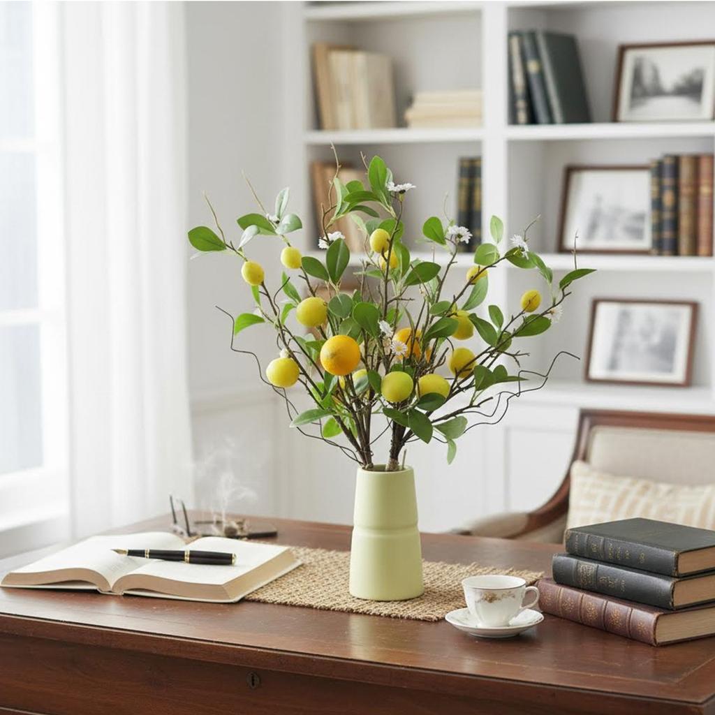 Plastic Lemon and Silk Daisy Arrangement with Iron Stem for Stable Upright Display in Vase or As Standing Decor Element