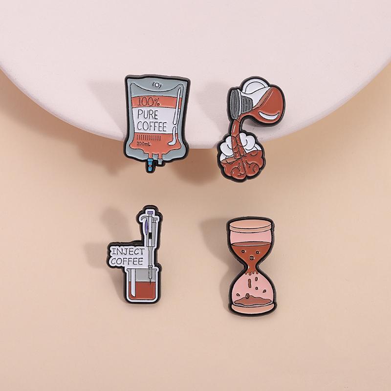 Inject Coffee Enamel Pin Medical Syringe Infusion Bags Pure Coffee Brooches Lapel Badge Jewelry Gift For Coffee Lover Friends