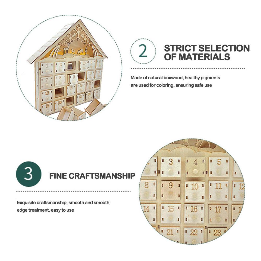 Calendar de Crăciun cu numărătoare inversă pe 24 de zile, cu sertar din lemn luminos, decor pentru casă, ornament pentru copii, organizator de sertar pentru bomboane și cadouri luminoase