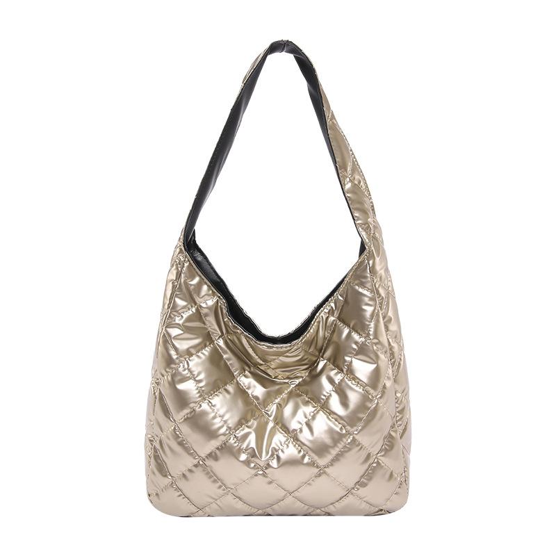 

Winter thick women s bag rhombus embroidery thread large-capacity bag solid color foreign style casual shoulder underarm cotton clothing handbag золотий