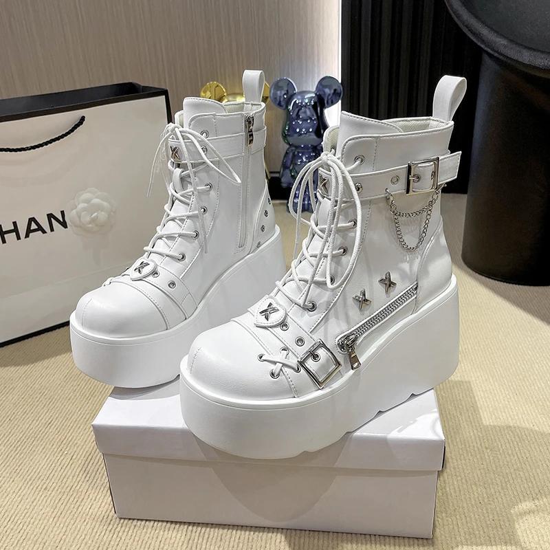 

Модные женские мотоциклетные ботинки на высокой платформе высотой 9 см, зимние ботильоны на каблуках в стиле шайбы, женские массивные кроссовки, осенне-весенняя женская обувь 42