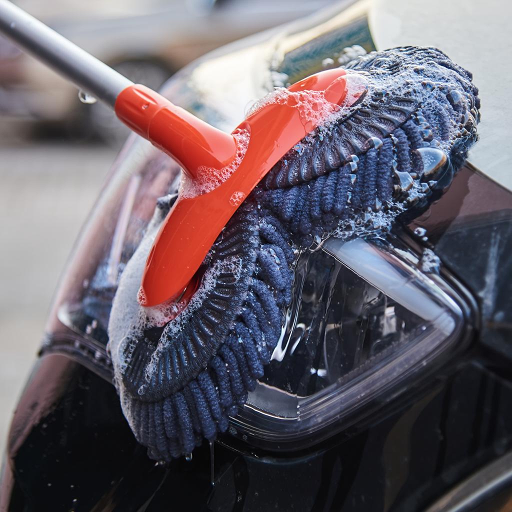 Rotating Car Wash Mop | Extendable Dual-Head Chenille Cleaning Tool with Soft Scratching Brushes for Auto Detailing & Waterless Car Cleaning