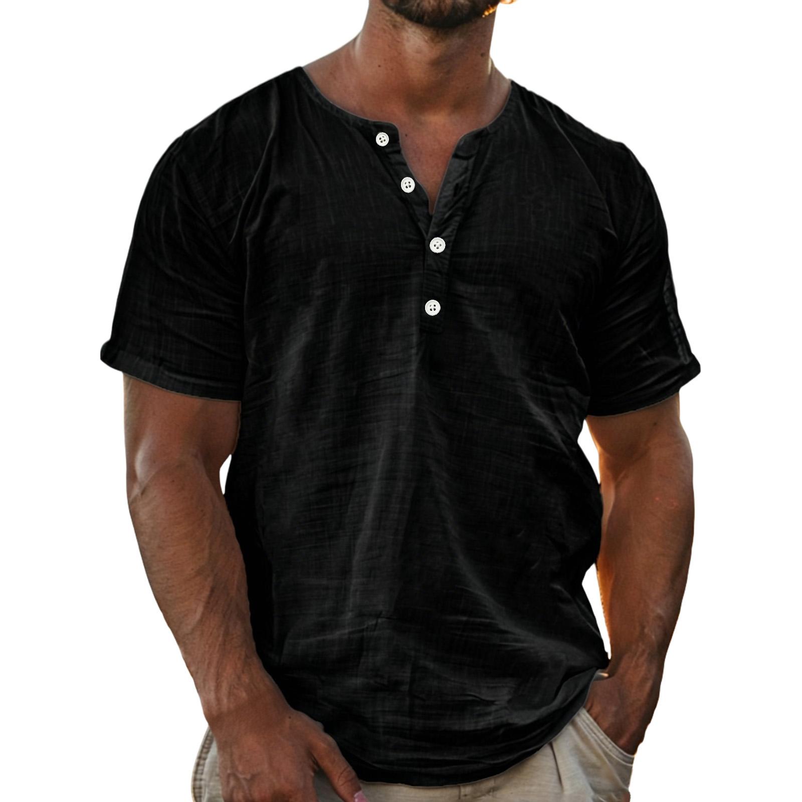

Men Henley Shirt Short Sleeve Button Down Linen Casual Loose Fit Summer Lightweight Top for Daily Wear XL чёрный