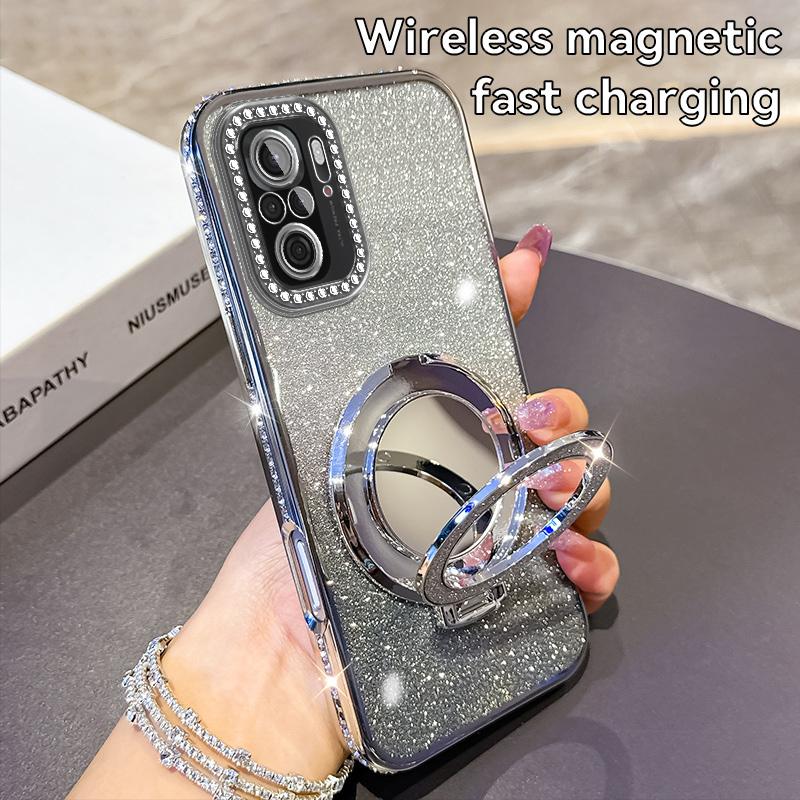 For Redmi Note 10 11 12 Mirror Bracket Magnetic Plating Glitter Case For Redmi Note 11 Pro Shockproof Silicone Cover Note 12 Pro