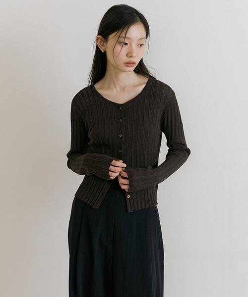 Lingseoul Linen Blended Ribbed Knit Cardigan-Brown