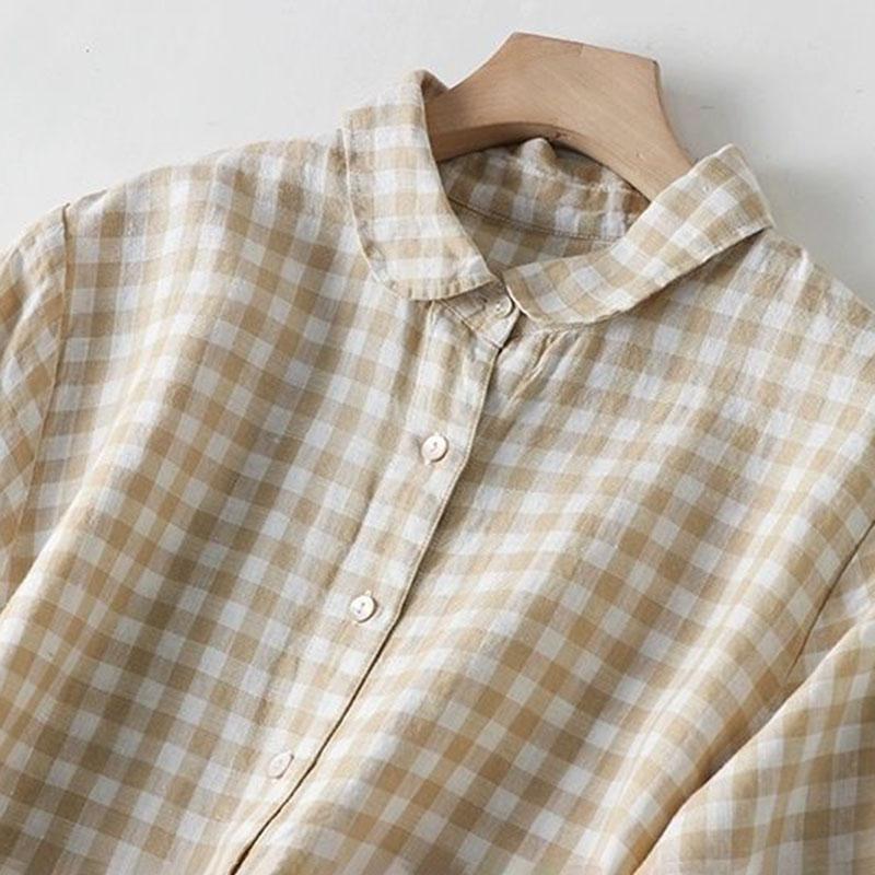 Plaid Dress Women Vintage Half Sleeve Hemp Shirt Dresses Large Size Loose Long Skirt