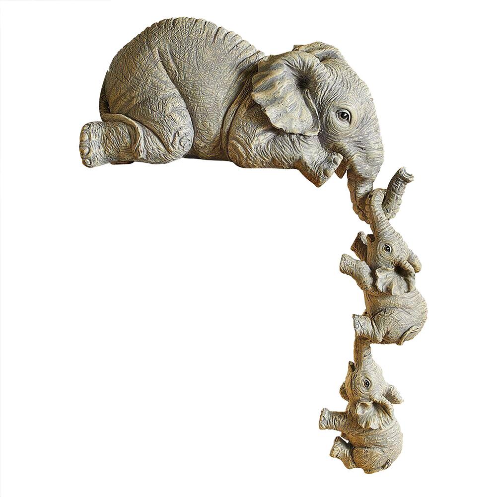 Elephant Sitter Synthetic Resin Craft Figurines Mother and Two Babies Hanging Off The Edge of Shelf Table Home Decor Gift