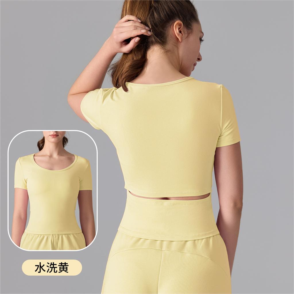 Yoga Short Sleeve Women's Crew Neck Casual Yoga T-Shirt Open Waist Slim Fit Naked Sports Running Top Fitness Clothing
