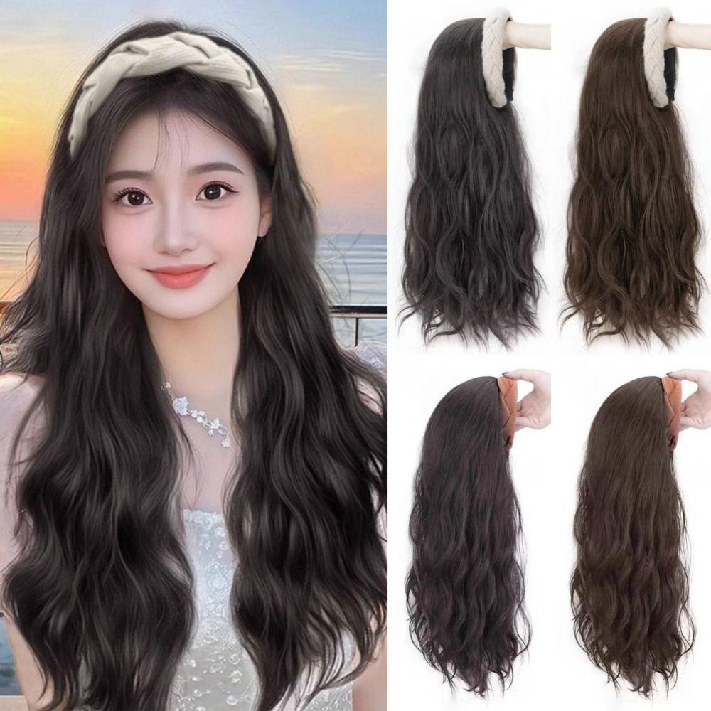 Clip in Wide Knit Headband Wig Hair Hoop Long Wavy Curly  Hair Half Headband Wig  Daily Wear