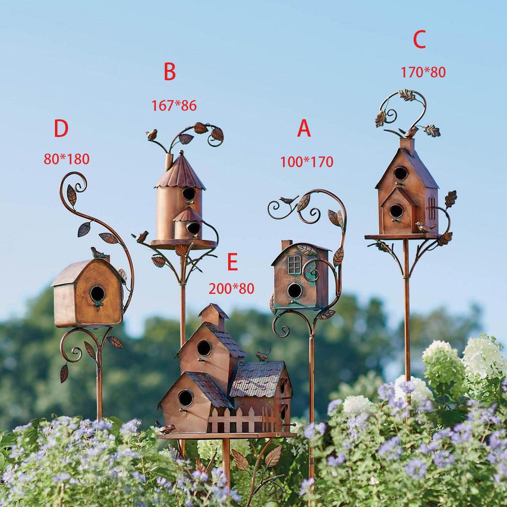 Birdhouse Garden Stakes Metal Bird House With Pole Courtyard Bird Feeders Yard Ornaments Art Crafts Outdoor Garden Decoration