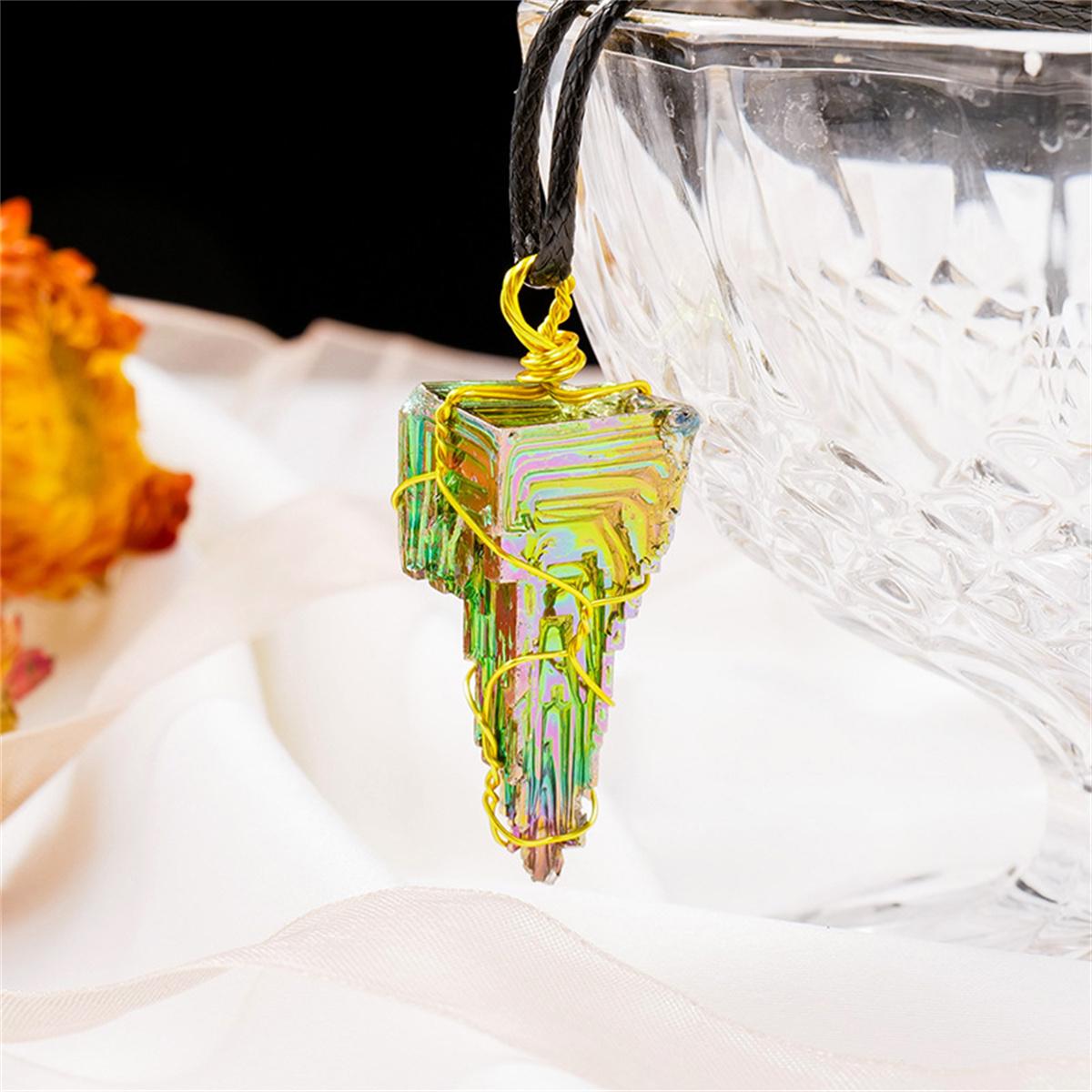 Natural Crystal Bismuth Ore Gorgeous Rainbow Stone Pendant Energy Healing Necklace Jewelry Sweater Chain 18K Gold Plated Luxury серебряный