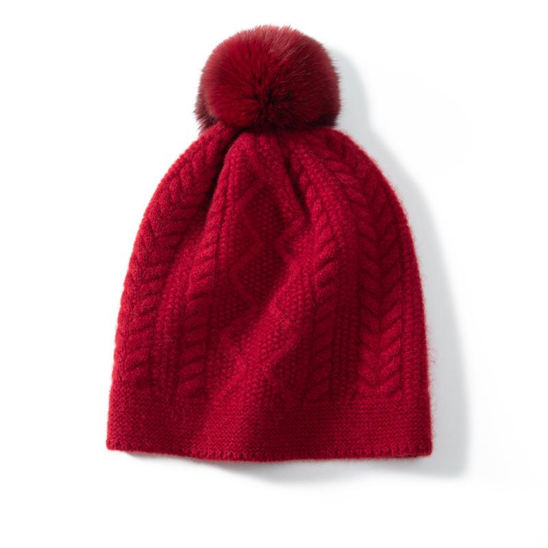 Women's 100% Pure Cashmere Pom-Pom Hat - Thick, Retro, Versatile Cable Knit with Ear Protection.
