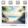 Dreamy Tropical Beach Tapestry, Sunlit Sandy Shore Framed by Palm Trees and Blooming Hibiscus, Calming Coastal Wall Art