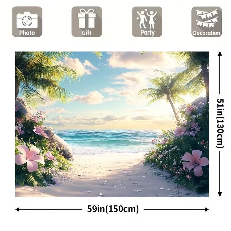 Dreamy Tropical Beach Tapestry, Sunlit Sandy Shore Framed by Palm Trees and Blooming Hibiscus, Calming Coastal Wall Art