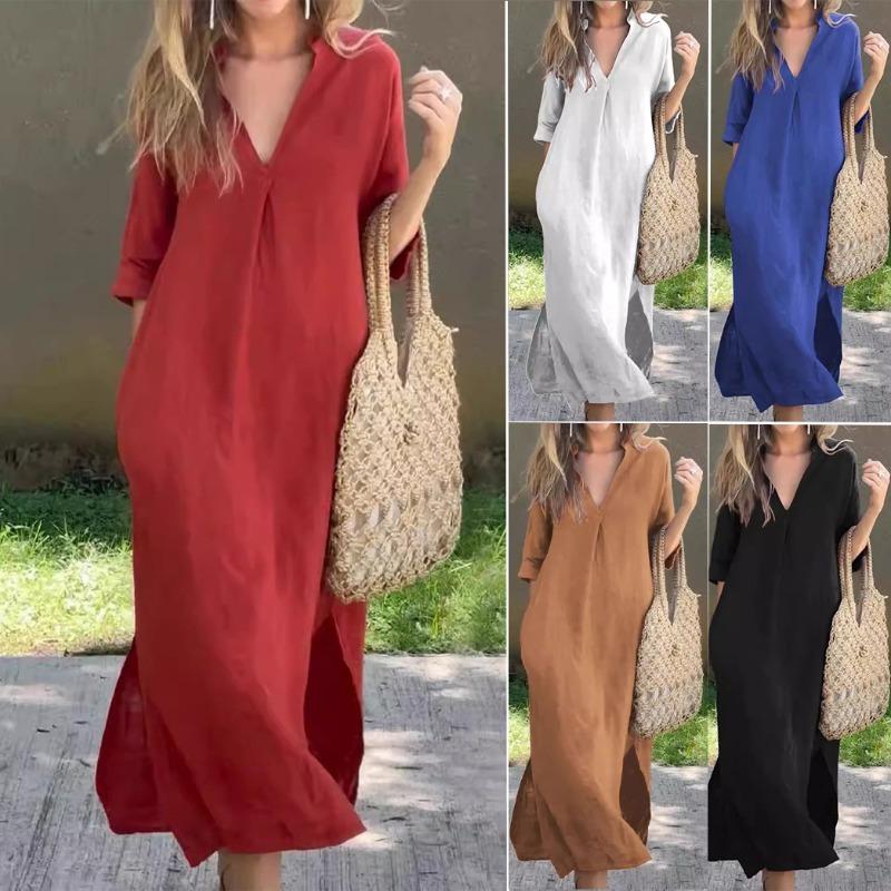 Side slit V-neck 7 cuff chest pleated dresss
