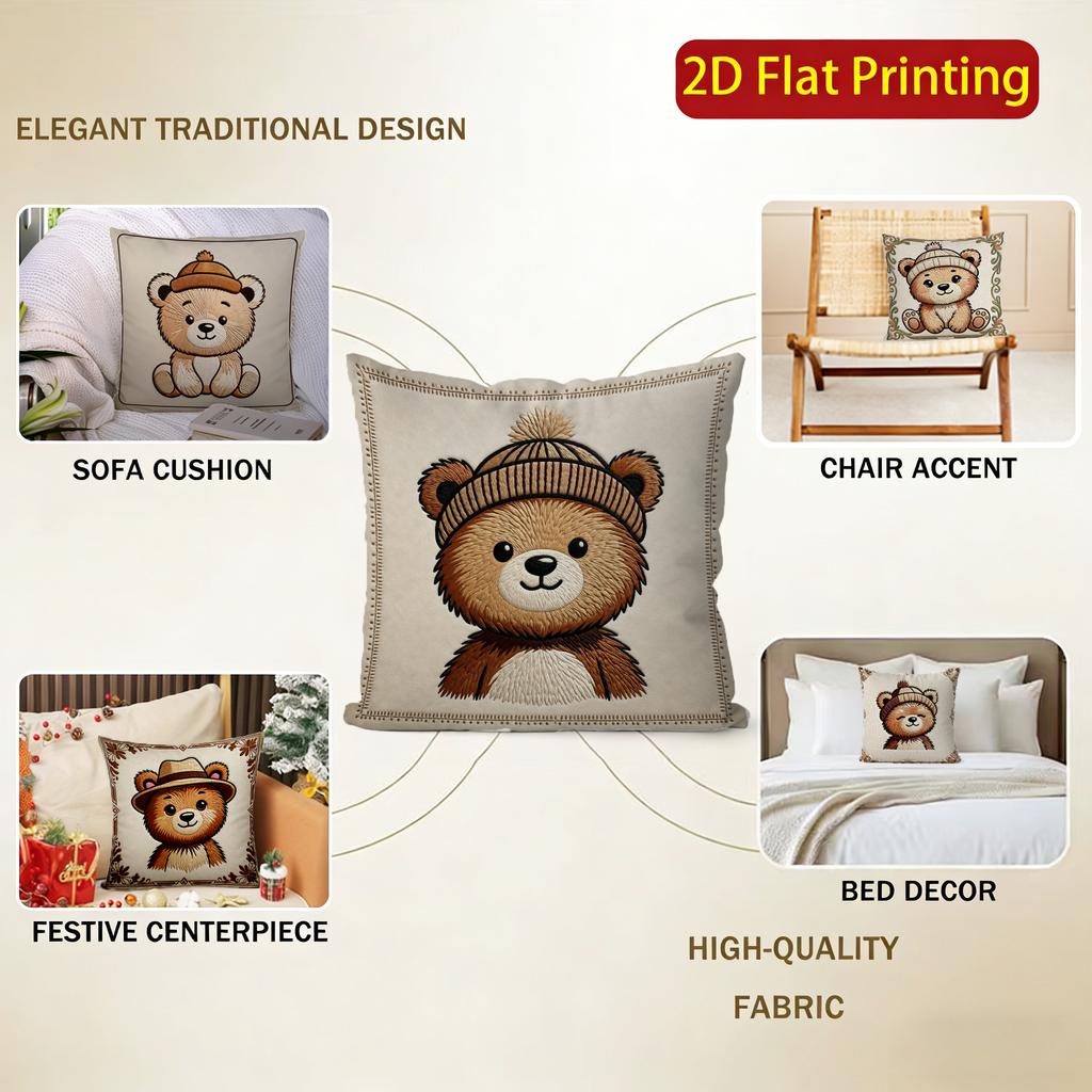 2D Cute Bear Pillows With Hats For Home Decor Pattern Cushion Cover Suitable For Sofa Bedroom Car Pillow Cover