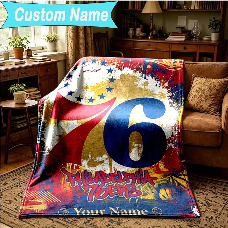 1PC Custom Name Blanket 76ers Basketball Team Flannel Blankets Patterns Throw Blanket All-Season Soft Gift for Couch, Bed, Camping, Birthday Gifts