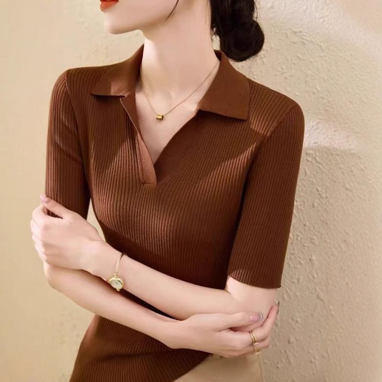 Damen V-Ausschnitt Kurzarm Strickpullover für Frühling Poloshirt Halbarm Basic und Oberteil