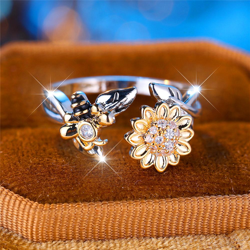 Charm Female White Crytal Adjustable Sunflower Bee Open Ring Silver Gold Color Cute Gift Wedding Jewelry For Women