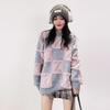 Autumn Winter Women's Checkerboard Oversized Sweater Loose Outer Wear Lazy Style Thickened Casual Knit Top