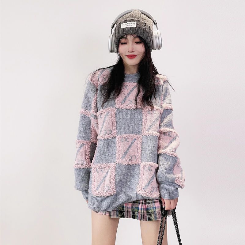 Autumn Winter Women's Checkerboard Oversized Sweater Loose Outer Wear Lazy Style Thickened Casual Knit Top