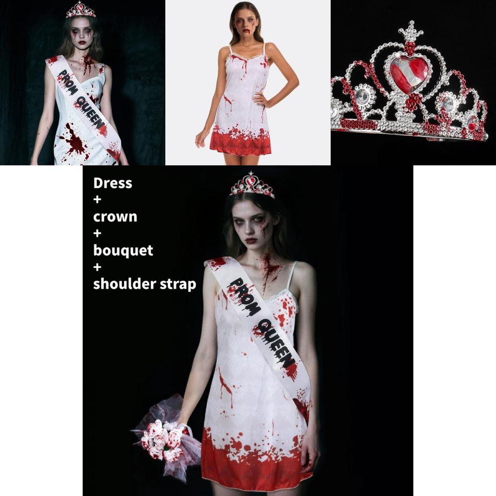 Halloween Ghost Bride Costume With Shoulder Straps And Handheld Bouquet For Cosplay And Party Events