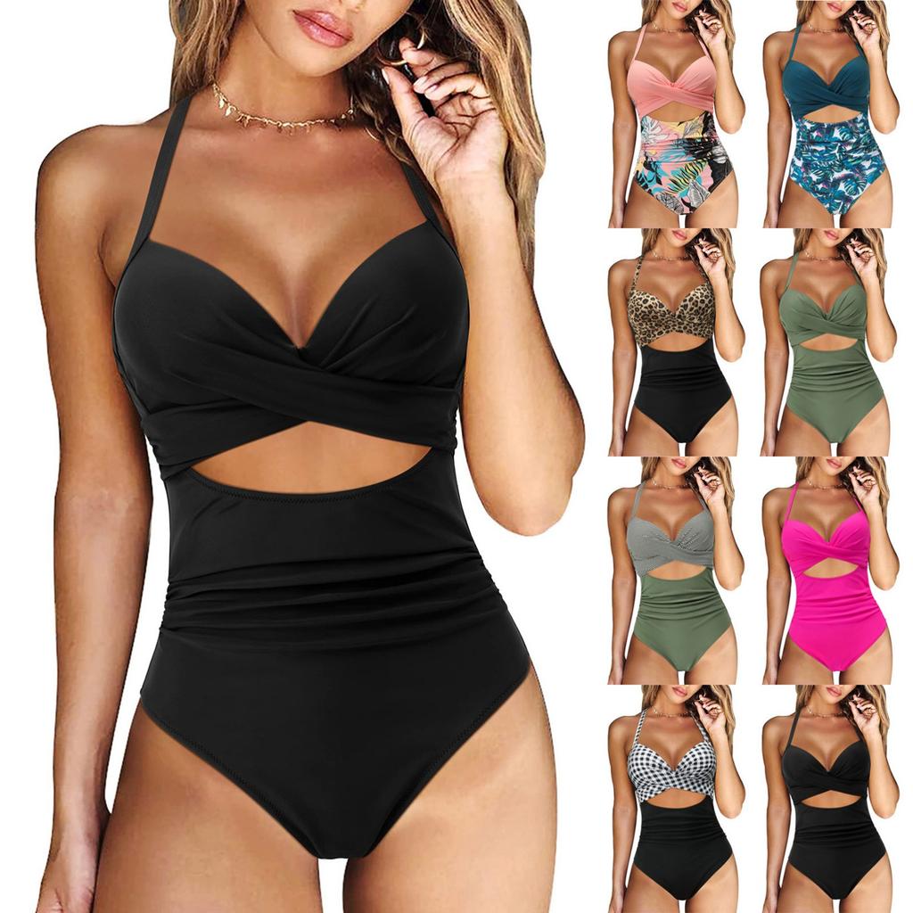 Womens Solid Cutout  Swimsuit  Cross Back Bathing Suit