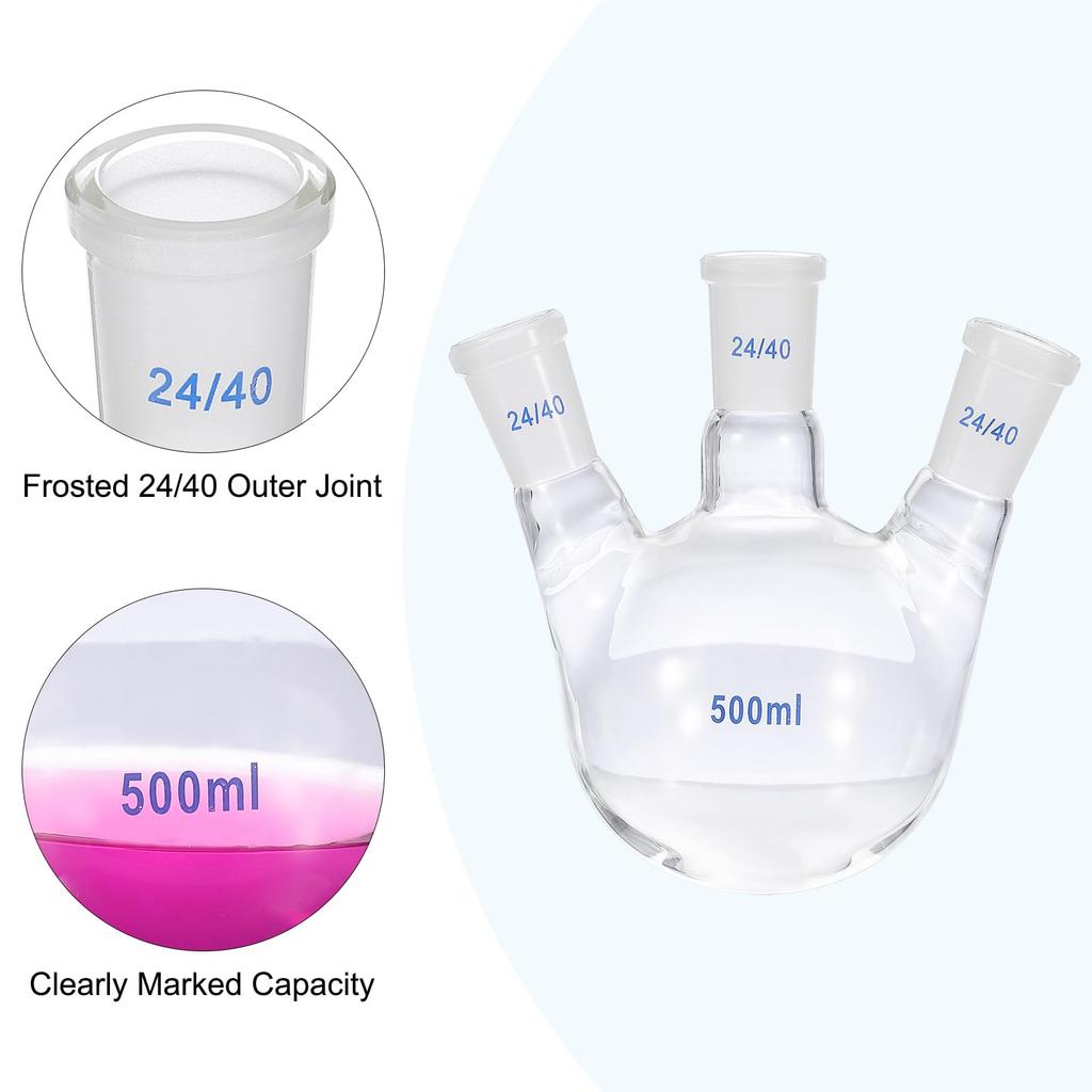 PATIKIL 500ml Boiling Flask, 3.3° Borosilicate Glass, 3-Neck, Round-Bottom, Thick-Walled, 24/40 Standard Tapered Outer Joint, Clear