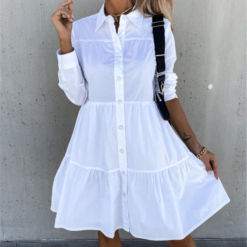 

Женская осенняя мода с длинным рукавом и воротником-стойкой, сплошной цвет, большие размеры, свободное повседневное платье M белый