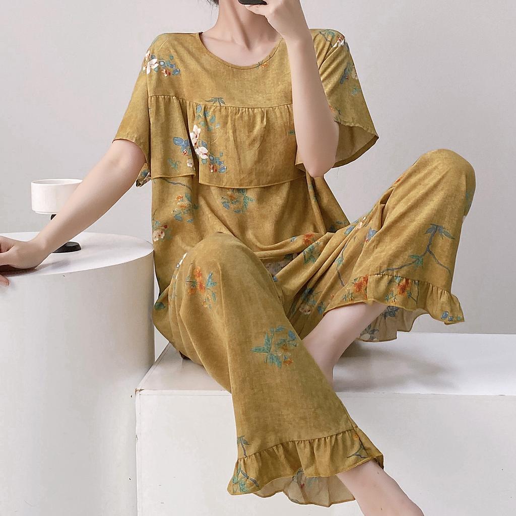 Short-sleeved Trousers Cotton and Silk Pajamas Women's Summer Thin Suit Japanese Sweet Anti-bumps Can Be Worn Outside Cotton Silk Loungewear