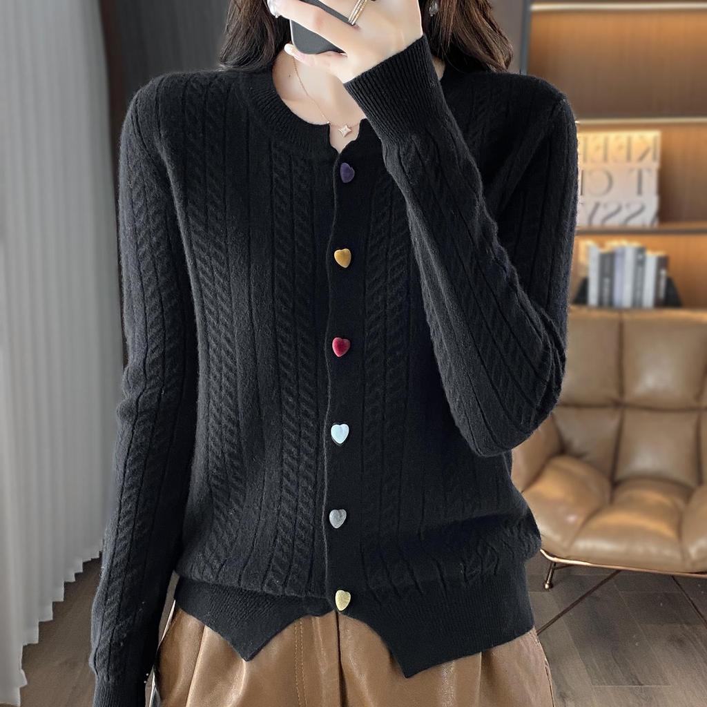 Women's 100% Pure Wool Cable Knit Cardigan with Heart Buttons, Round Neck, and Long Sleeves