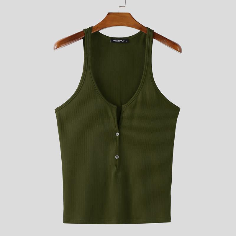 

INCERUN Men Deep U Neck Sleeveless Buttons Rib Fitted Casual Tank Tops 3XL армия зеленый