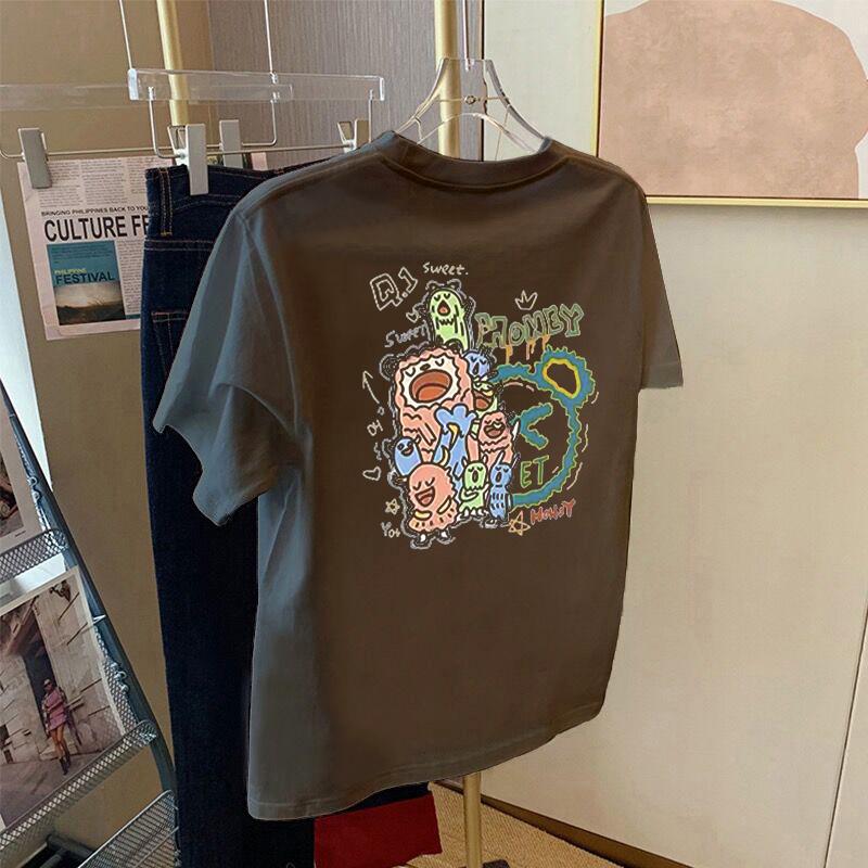 European Cartoon Print Cotton T-Shirt - White, Short Sleeve, Loose Fit, Round Neck, Summer 2025 Women's Fashion