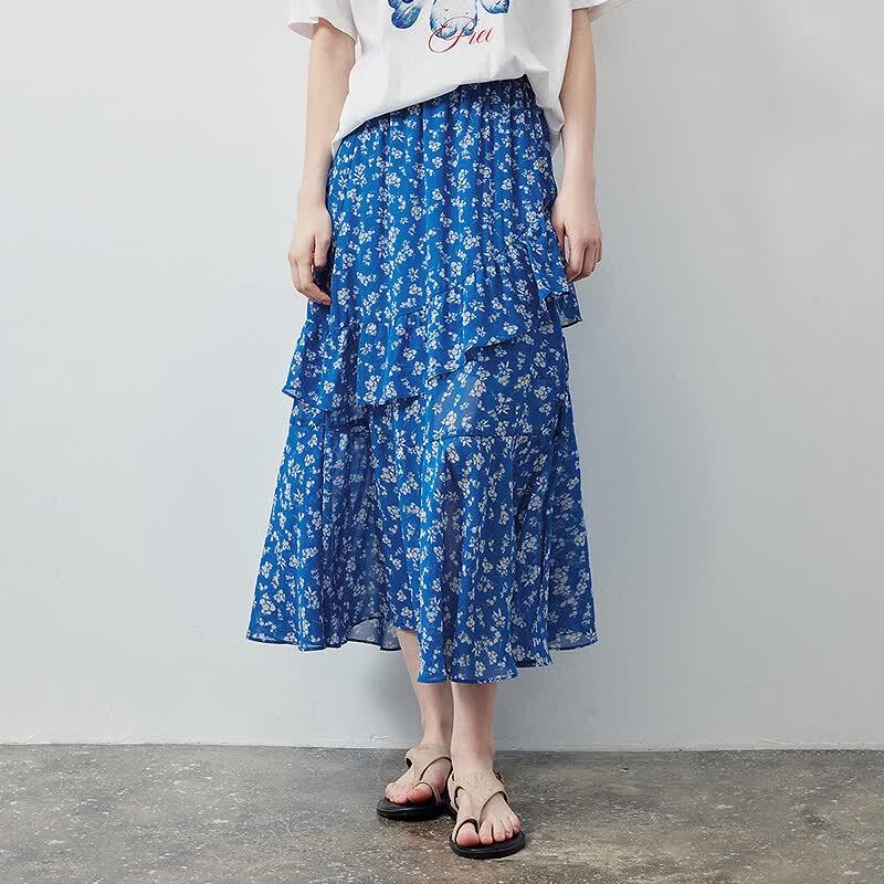 French Retro Irregular Ruffle Hem Floral Long Skirt