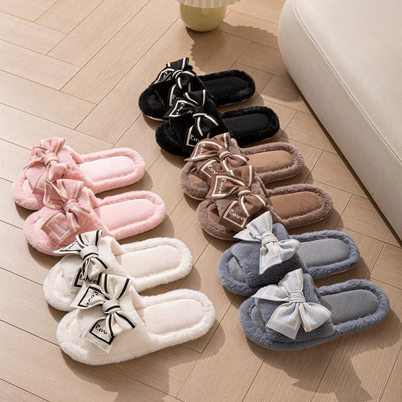 Open-toe Plush Slippers, LOVE Bow Women's Home Slippers, Wooden Floor Cotton Slippers, Plush Slippers