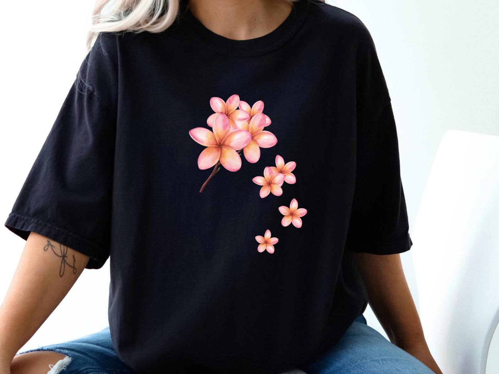 Pink Floral T-shirt, Custom Flower Print, Spring Flower Shirt, Beach Top S