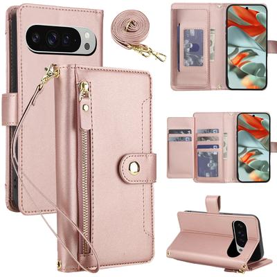 Portfel skórzany z zamkiem na ramię Etui typu flip do Google Pixel 10/10 Pro 8 8Pro 9A 9 Luksusowe z RFID Stojak Książka Długi pasek na szyję Pokrowiec Torba