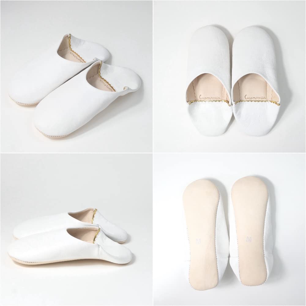 Plain Odorless Leather Babouche Moroccan Room Day Gift [cocomorocco] Slippers, Shoes, Cocomorocco, Mother's (White, 22.0 Cm)